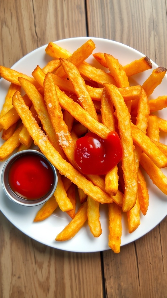 Crispy reheated fries on a plate with ketchup, set on a rustic wooden table.
